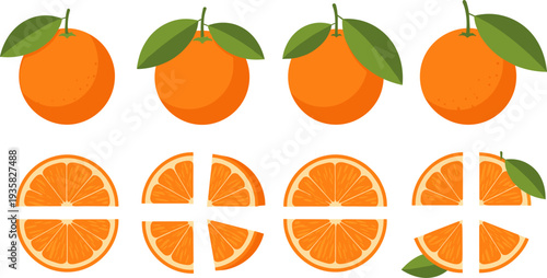 Orange Fruit Icon Set Featuring Whole Oranges with Leaves and Citrus Slice Variations for Fresh Juice Design, Healthy Food Illustration and Organic Produce Graphics