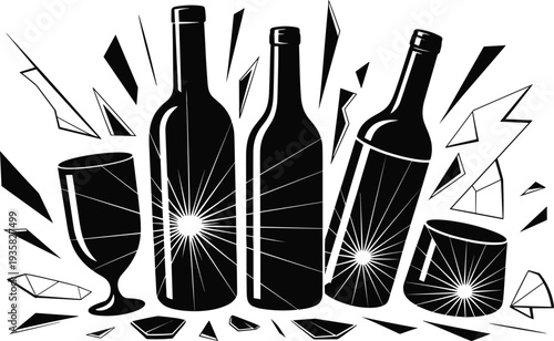 Broken Glass Bottles and Cup Shattered Fragments Danger Conceptual Illustration