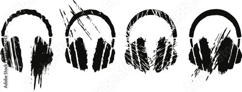 Grunge black headphones silhouettes with textured paint brush strokes set on white background