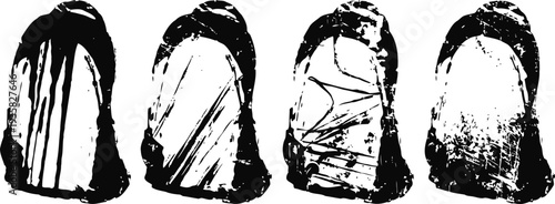 ancient stone artifact carved with primitive patterns and symbols, black silhouette drawing