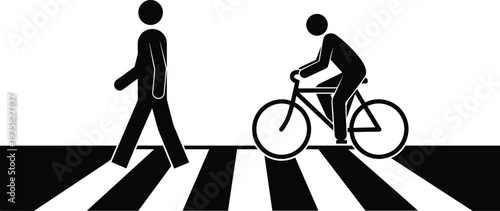 Pedestrian and cyclist silhouettes, crosswalk safety illustration, road traffic design, urban mobility art, black silhouette figures, transportation icon, street crossing graphic