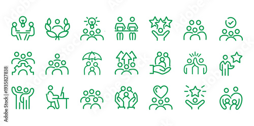 People crowd, person group, human resources, team work icons pack. Line signs office worker and employees group, staff people. Thin vector icons set for web and app outline pictograms editable stroke.
