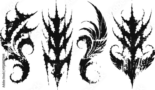 grunge tribal tattoo designs collection, black abstract ink art with sharp and curved elements