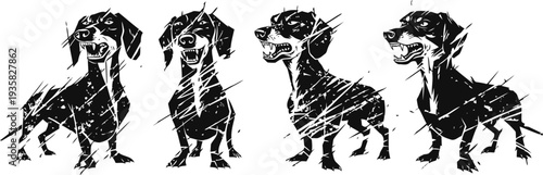 four playful dachshund dogs in black silhouette with textured artistic scratches