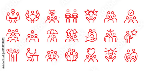 People crowd, person group, human resources, team work icons pack. Line signs office worker and employees group, staff people. Thin vector icons set for web and app outline pictograms editable stroke.