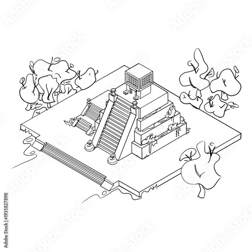 Aztec temple trees black and white