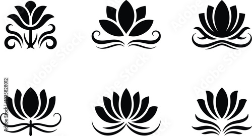 Collection of stylized lotus flower icons black silhouette on white background elegant floral design elements