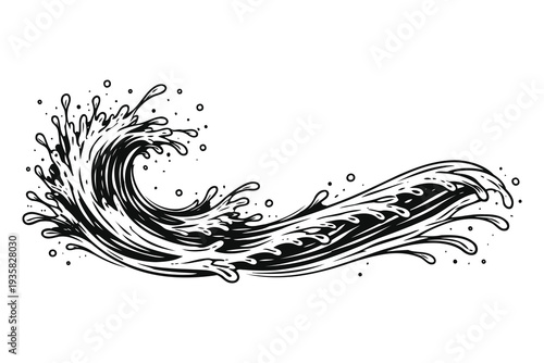 Elegant black and white illustration of a dynamic wave in motion with splashing droplets