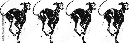 running dog silhouette in sequence, dynamic motion, black and white animal illustration