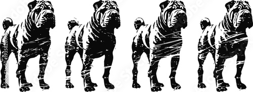 four black silhouettes of shar pei dogs with wrinkled skin and curled tails