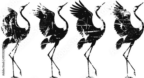 Black silhouette crane bird in flight sequence with distressed texture, vintage illustration