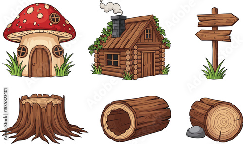  Wooden log cabin and mushroom house vector illustration with tree stump, hollow log, and rustic signpost for fairy tale forest nature backgrounds.