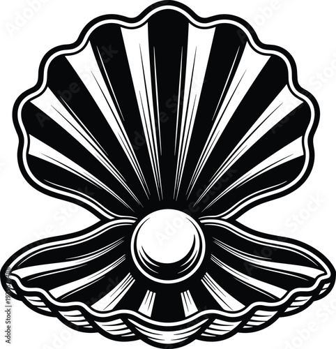 Black and white vector illustration of an open decorative scallop seashell with a shining pearl inside for luxury jewelry design
