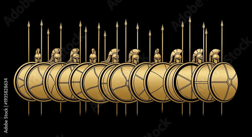 A phalanx formation of ancient Greek hoplites is depicted with highly reflective, burnished bronze shields and helmets against a stark black background.