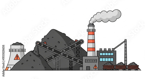 Coal power plant with smoke stacks and coal piles.