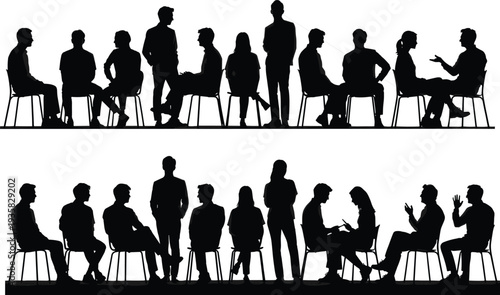 Black, silhouettes, of, diverse, people, sitting, on, chairs, and, standing, talking, in, a, meeting, isolated, on, white, background, flat, vector