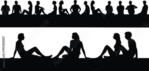 Black, silhouettes, of, diverse, people, sitting, on, a, wall, ledge, relaxing, talking, and, posing, isolated, on, white, background, flat, vector