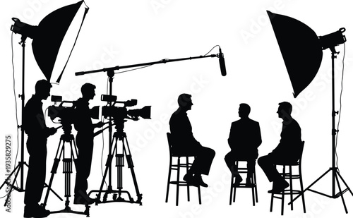 Black, silhouettes, of, film, crew, filming, an, interview, with, cameras, lighting, equipment, and, microphone, isolated, on, white, background, flat, vector