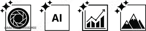 Black vector icons of AI camera lens and data growth graph with sparkles representing artificial intelligence technology and smart digital imaging
