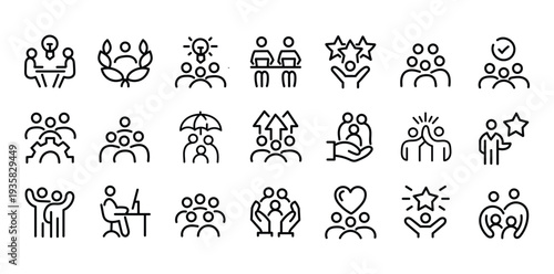 People crowd, person group, human resources, team work icons pack. Line signs office worker and employees group, staff people. Thin vector icons set for web and app outline pictograms editable stroke.