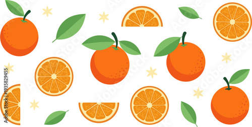 Orange Fruit Seamless Pattern with Whole Oranges, Citrus Slices and Green Leaves for Fresh Juice Packaging, Healthy Food Background and Organic Farm Design