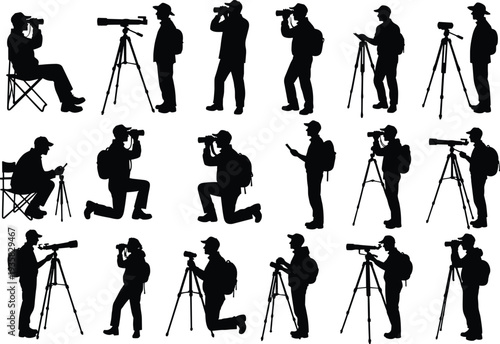 Black, silhouettes, of, people, using, binoculars, telescopes, and, cameras, on, tripods, birdwatching, and, observing, nature, isolated, on, white, background, vector