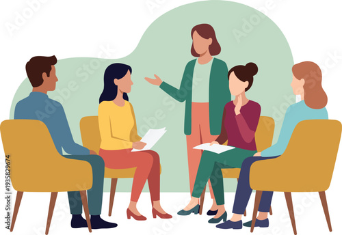 Group, of, diverse, people, sitting, in, chairs, for, support, circle, therapy, session, counselor, speaking, community, meeting, isolated, vector, illustration, flat