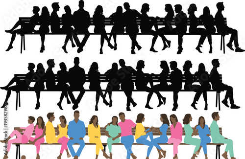 Three rows of people sitting on benches silhouettes transitioning to colorful clothing diversity inclusion representation individuality concept illustration flat vector