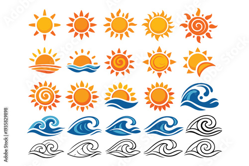 Collection of weather icons depicting sunshine and various wave patterns