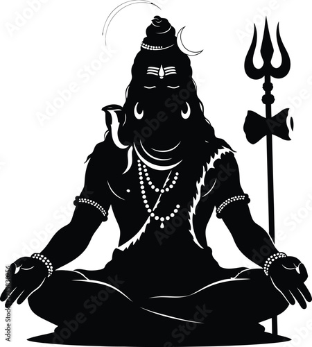 Black and White Lord Shiva Meditative Illustration with Mandala and Trident for Hindu Spiritual Art, Cultural Symbolism, and Religious Iconography Projects"