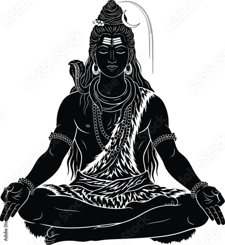"Black Silhouette Lord Shiva Meditative Illustration on Mountain Peak with Trident for Hindu Spiritual Art, Cultural Symbolism, and Religious Education Projects"