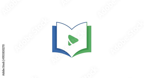 This modern vector logo design features an open book with a green play button in the center. The left side of the book is blue, and the right side is green, set against a clean white background.