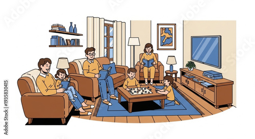 Family gathering in the living room, enjoying quality time together.