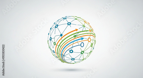 Abstract vector illustration of a global network sphere. The 3D globe features interconnected nodes and lines representing digital connectivity and the internet. Dynamic colored arrows.