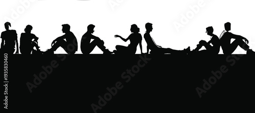 Silhouette illustration of group of people sitting on ledge in various poses and gestures, social interaction scene, artistic flat vector