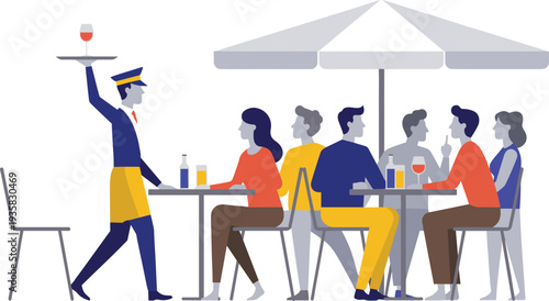 Silhouette illustration of outdoor dining scene with people seated under patio umbrella, waiter serving drinks, social restaurant gathering, artistic flat vector