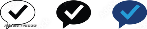 Speech bubble with checkmark icon showing approved communication and verified message. Social media illustration for successful chat validation, confirmed feedback, positive notification