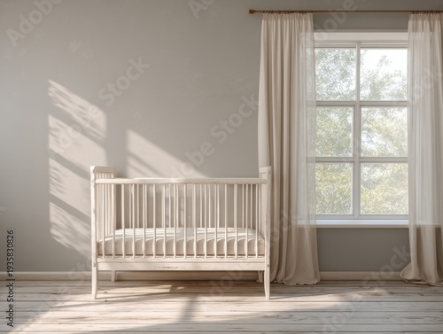 Soft sunlight dances across a minimalist nursery room. White crib stands near a window with sheer curtains. Wooden floorboards show gentle wear and character