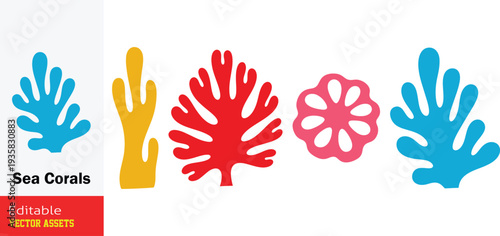 Vector sea coral collection: Stylized abstract marine organisms in vibrant flat colors. Minimalist coral reef silhouettes for oceanographic education, marine biology, and underwater nature designs. 