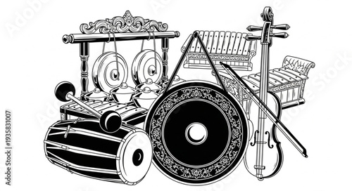 Detailed illustration of traditional musical instruments, showcasing cultural heritage and artistic expression.