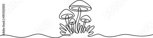 A small cluster of various sized wild mushrooms grows from the ground in a continuous line illustration