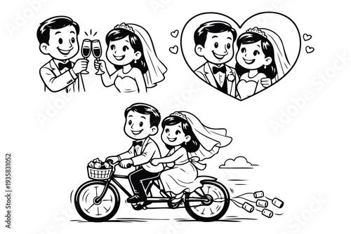 A whimsical depiction of a newlywed couple embracing life’s adventures together on a motorcycle