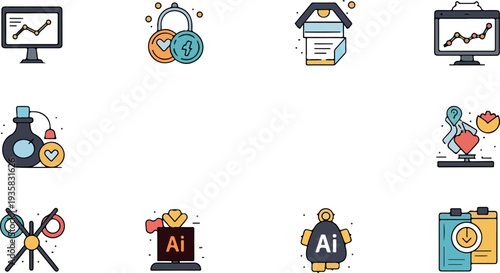 Set of 9 colorful technology icons vector