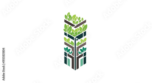This modern vector logo illustrates a sustainable high-rise building integrated with lush green plants, representing a vertical forest or urban garden.t.  It symbolizes eco-friendly architecture..