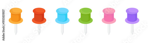 Drawing pin solid icons set. Pushpin sign. Thumbtack colorful icon collection. Push pins symbol. Stationery, office concept. Vector flat illustration. Isolated on a white background.