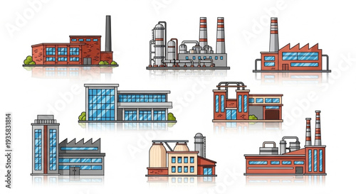 Collection of diverse industrial factory buildings and power plants.
