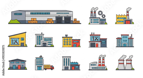Collection of diverse industrial factory buildings and structures.