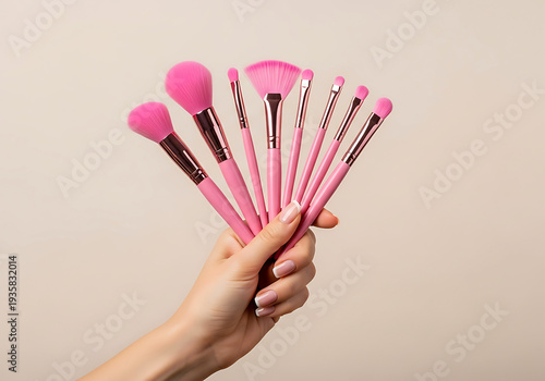 Hand Holding Pink Makeup Brushes on Beige Background – Cosmetic Advertising Beauty Tools