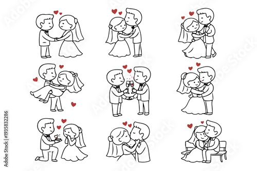 Cartoon illustrations of dogs engaging in various wedding and romantic activities