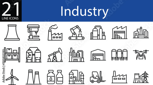 Industry line icon set in outline style, factories, machinery, energy, logistics, and production